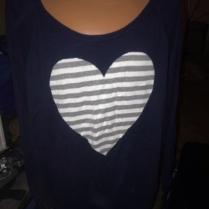 Blue sweater with huge striped heart on front
